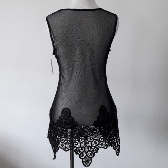 Black Embroidered mesh Tank Top with scalloped hem - Picture 4 of 8